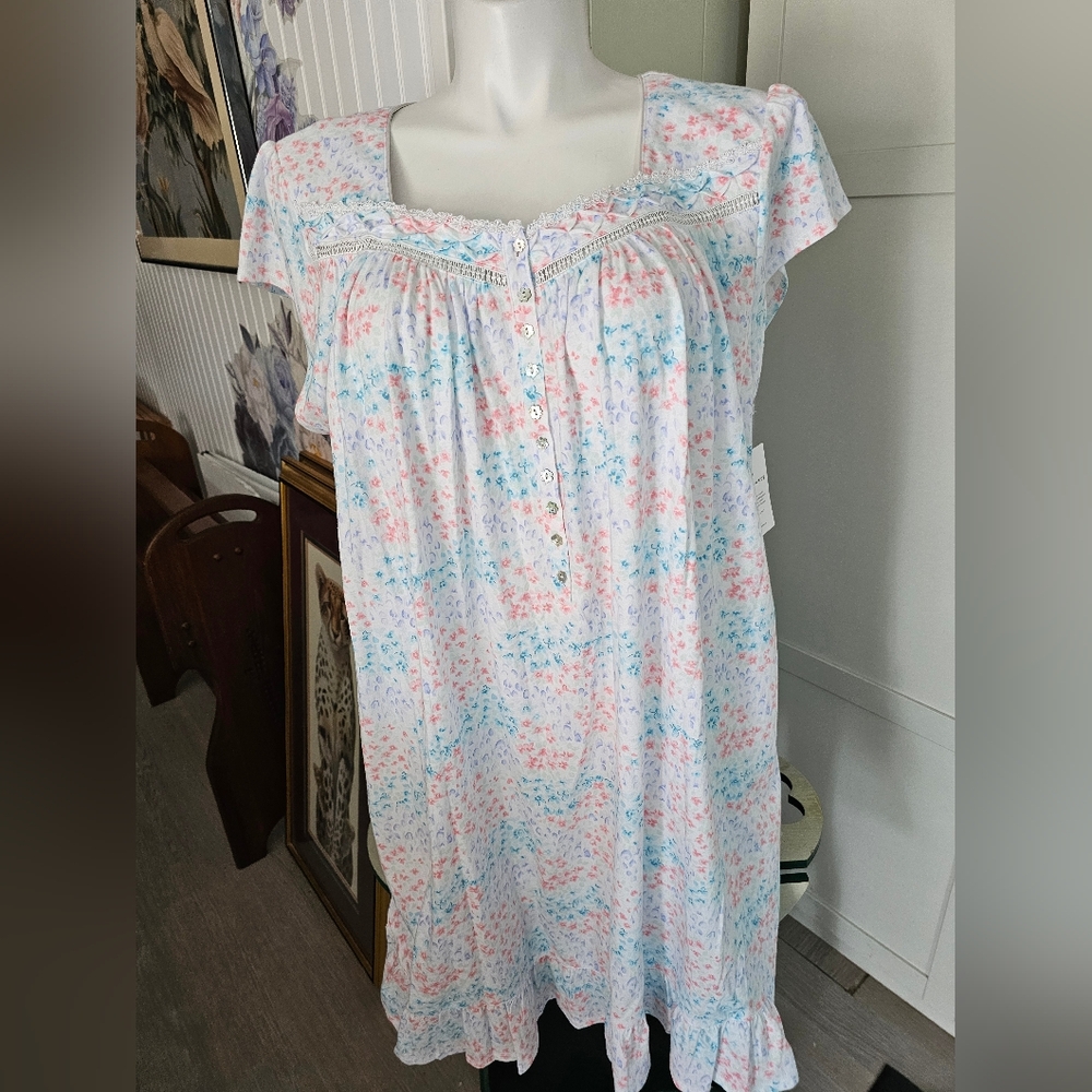NWT Eileen West 2X Radiant Floral Cotton Knit Nightgown Ruffle Plus Orig $68